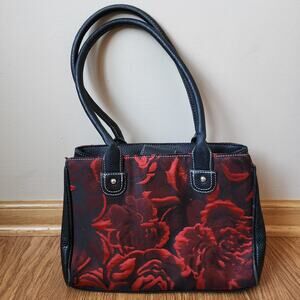 Wilsons Leather Purse Shoulder Bag Black Red Floral Roses Double Handle Handbag